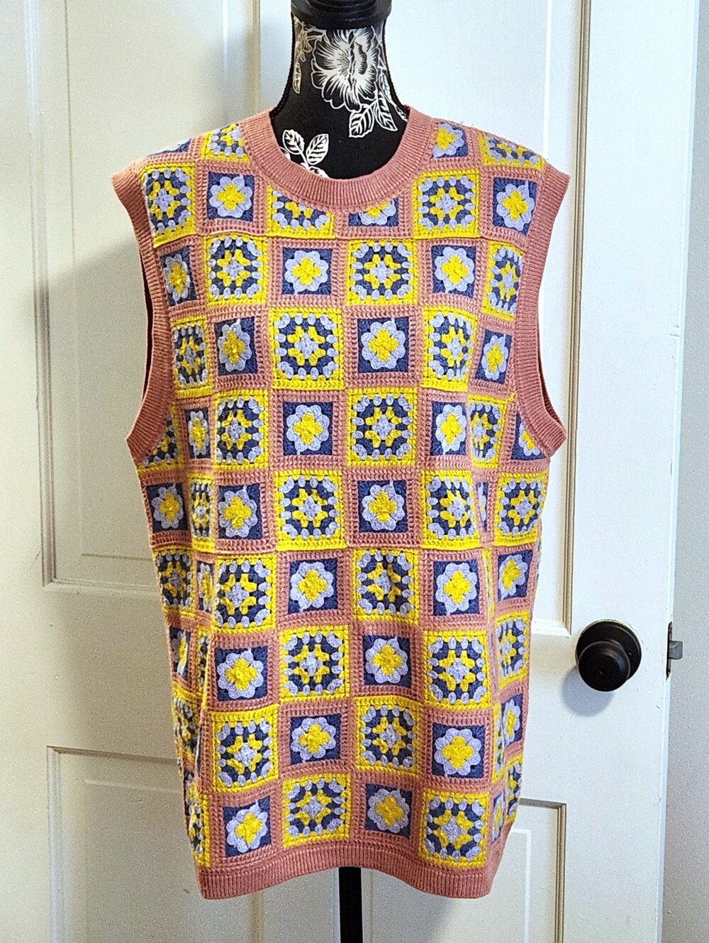 🆕️ 🌼UNISEX WeSC🌼 - Pink/Yellow Floral Patchwork Crochet Knit Sweater Vest